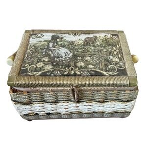 Vintage Sewing Basket Box Wicker Tapestry Cottagecore Organizer with Tray